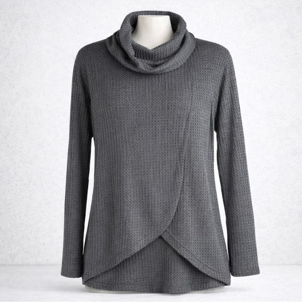 NWT Self Esteem Women's Knit Sweater Turtle Neck Size Small Gray Droptail Waffle